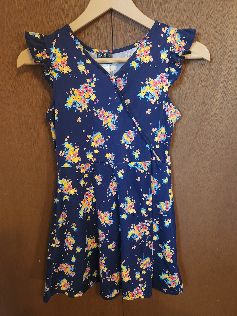 Pink Clover Navy Floral Wrap-Style Kids Dress